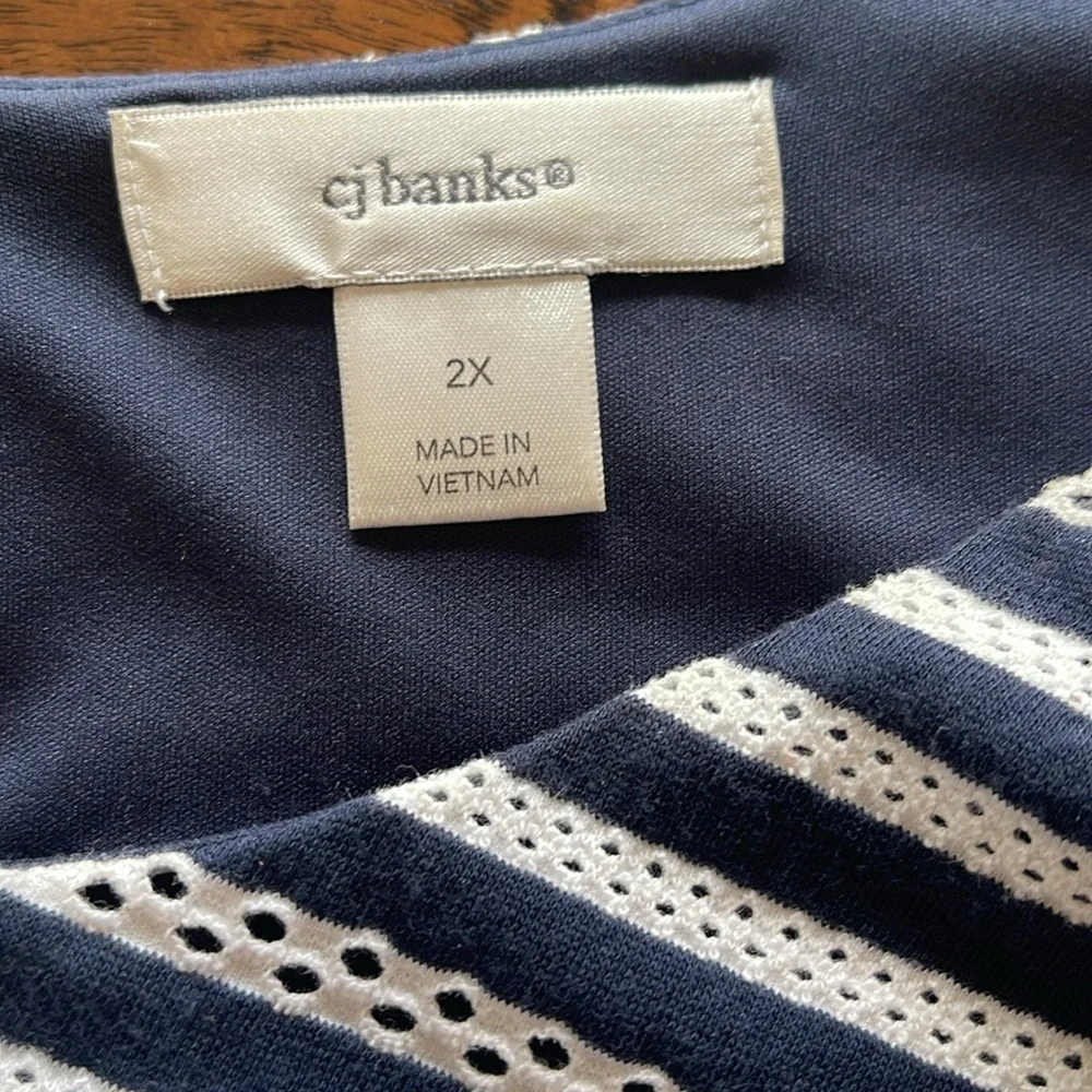CJ Banks Navy Blue and White Striped Short Sleeve Top - Picture 4 of 8